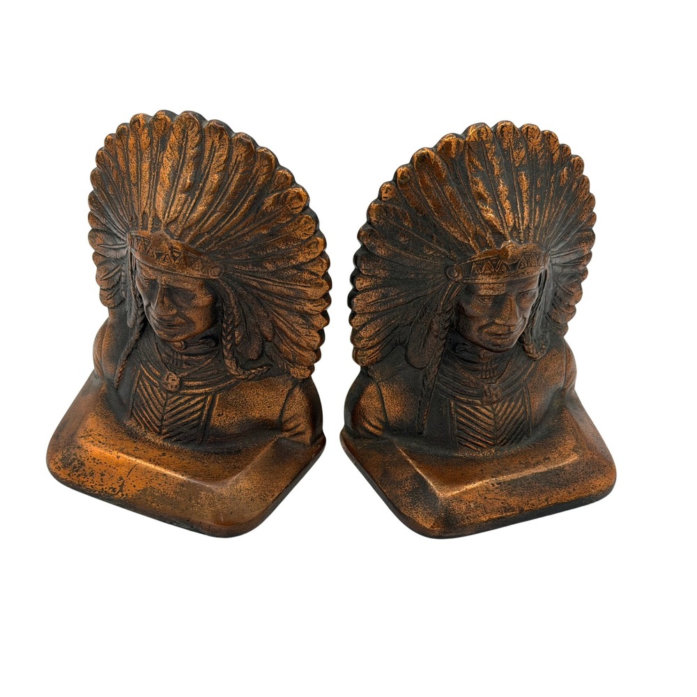Vintage Heavy Cast Iron Native American Chief Bust Bookends Pair 6.5" Tall